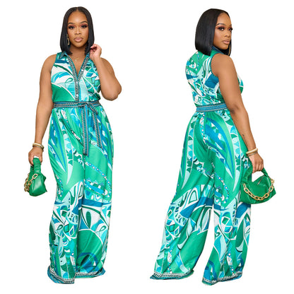 Women's Printed Sleeveless V-neck Wide-leg Jumpsuit