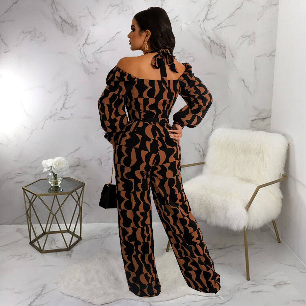 Printed Women's Long-sleeved Halter Jumpsuit