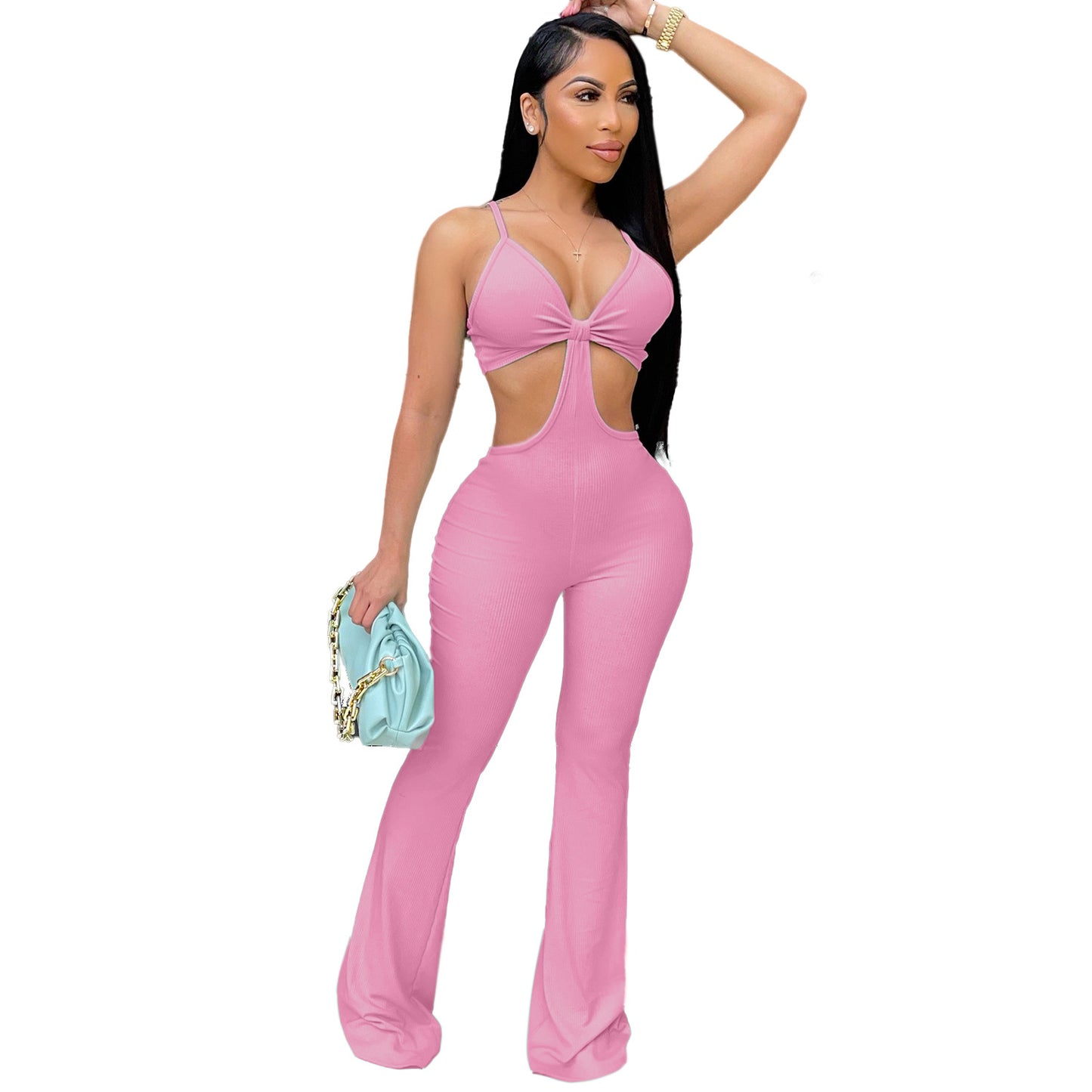 Eye Mesh Jumpsuit Stretch Slim Bell-bottom Pants One-piece