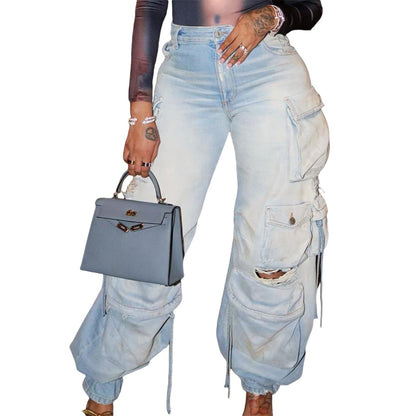 Retro Casual Denim Stereo Multi-pocket Trousers