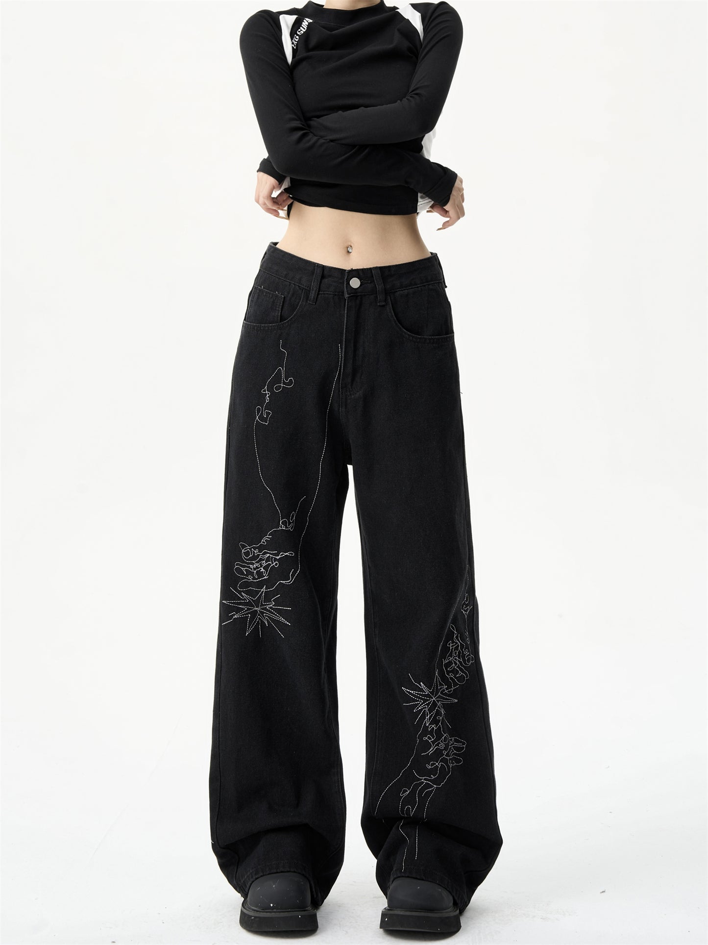 Women's Loose Hand-painted Embroidered Straight Jeans