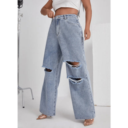 Women's Denim With Hole High Waist Straight-leg Pants