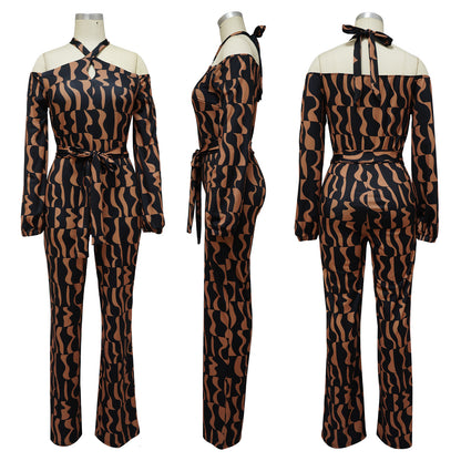 Printed Women's Long-sleeved Halter Jumpsuit