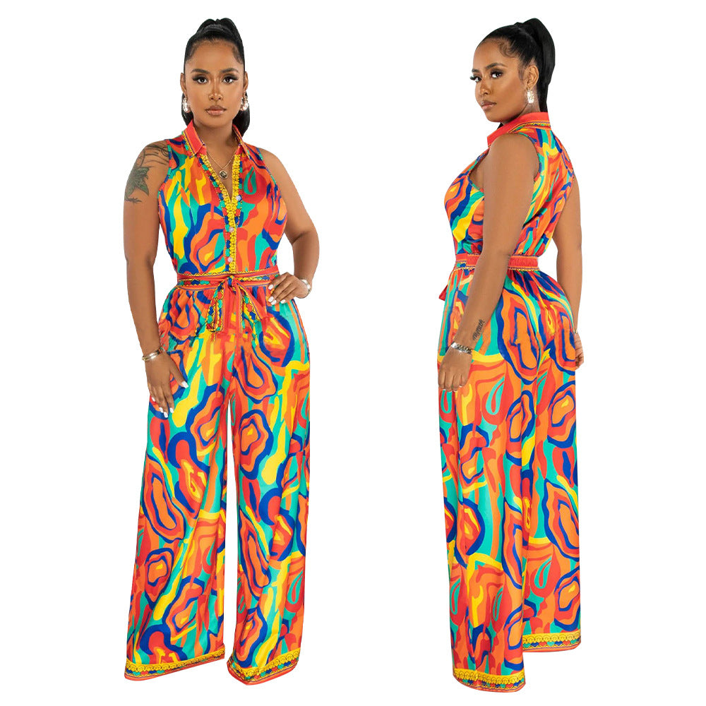 Women's Printed Sleeveless V-neck Wide-leg Jumpsuit