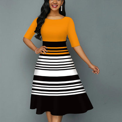 Women's Printed Striped Round Neck Knitted Dress