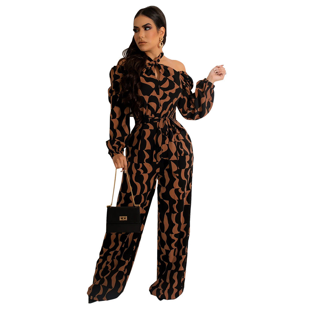 Printed Women's Long-sleeved Halter Jumpsuit