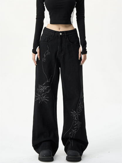 Women's Loose Hand-painted Embroidered Straight Jeans