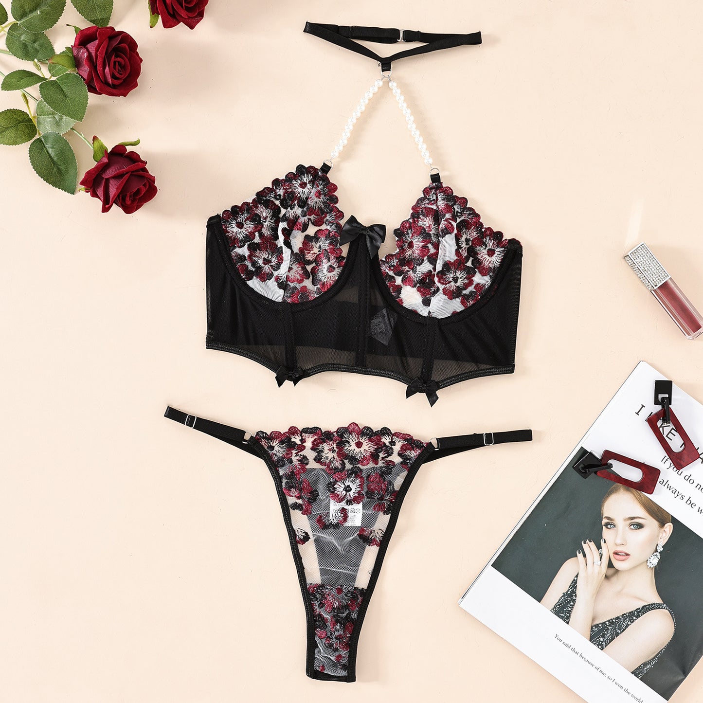 Flower Embroidery Halter Underwear Suit