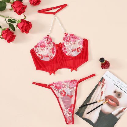 Flower Embroidery Halter Underwear Suit