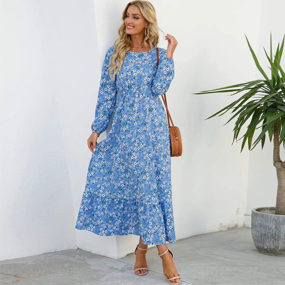 2023 Sping Summer Bohemian Women Maxi Dress Casual Long Sleeve High