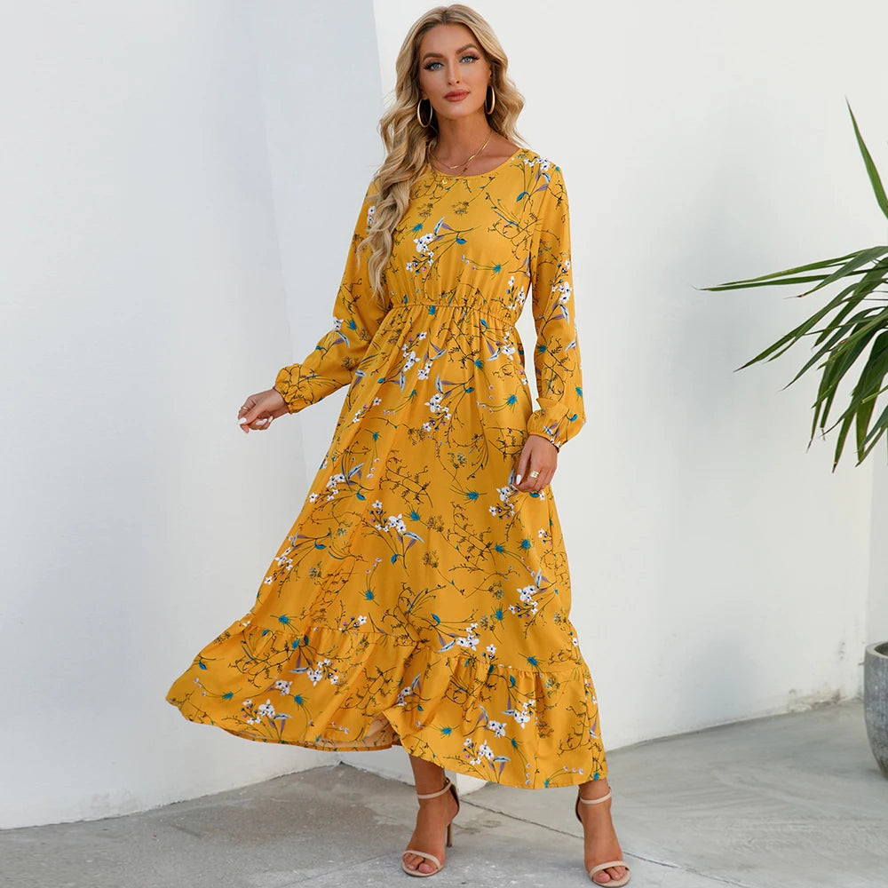 2023 Sping Summer Bohemian Women Maxi Dress Casual Long Sleeve High