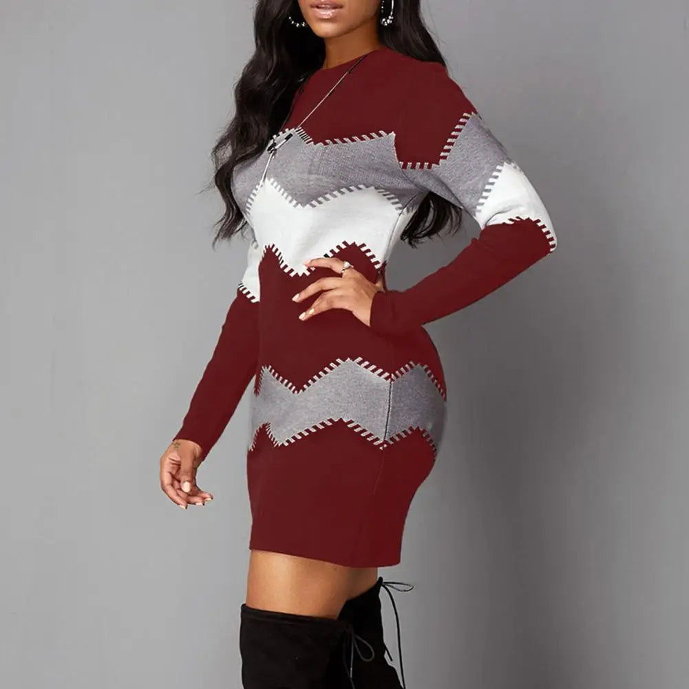 Colorblock Dress Elegant Striped Knitted Mini Dress for Women Slim