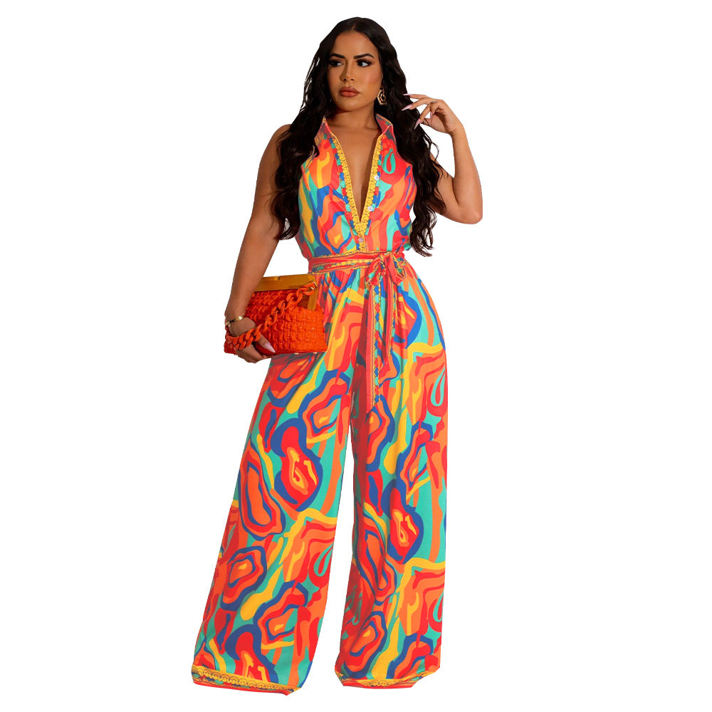 Women's Printed Sleeveless V-neck Wide-leg Jumpsuit