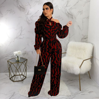 Printed Women's Long-sleeved Halter Jumpsuit