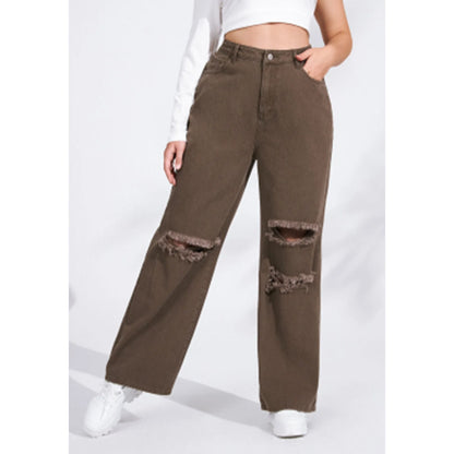 Women's Denim With Hole High Waist Straight-leg Pants