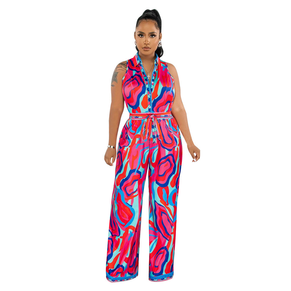 Women's Printed Sleeveless V-neck Wide-leg Jumpsuit