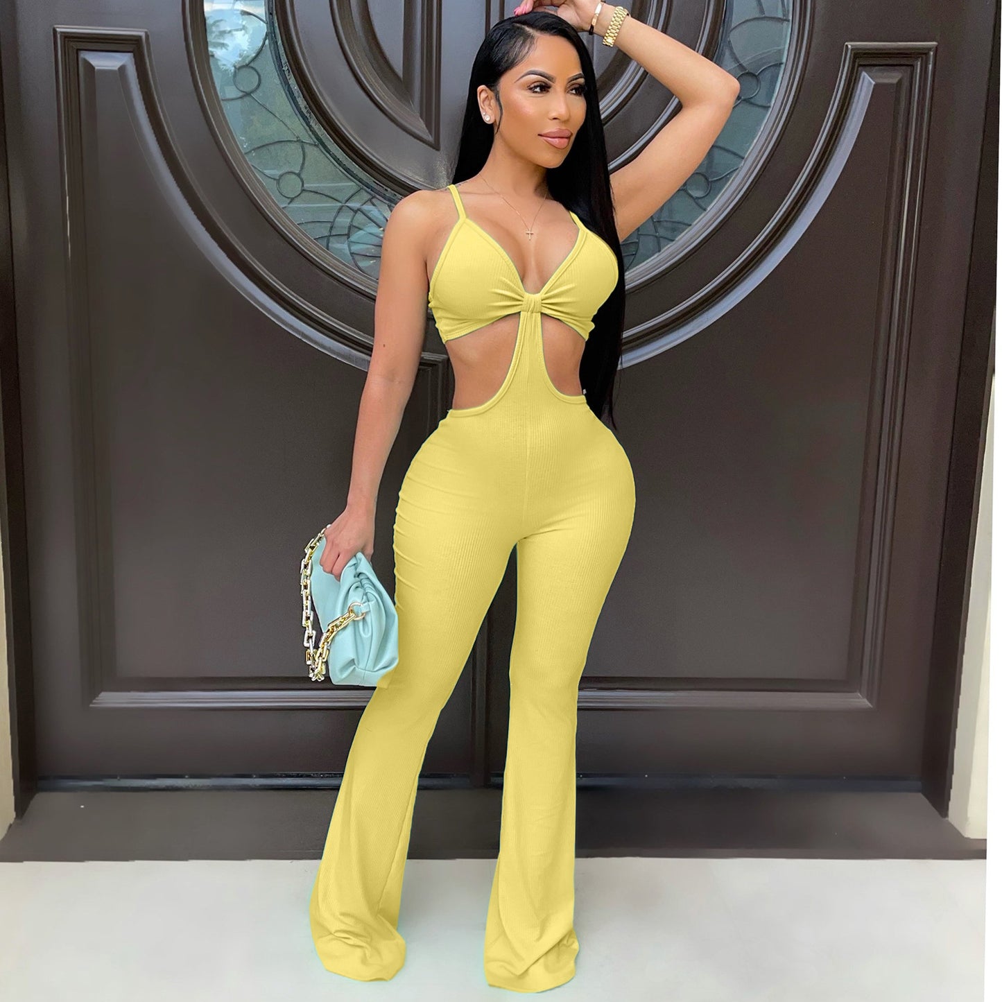 Eye Mesh Jumpsuit Stretch Slim Bell-bottom Pants One-piece