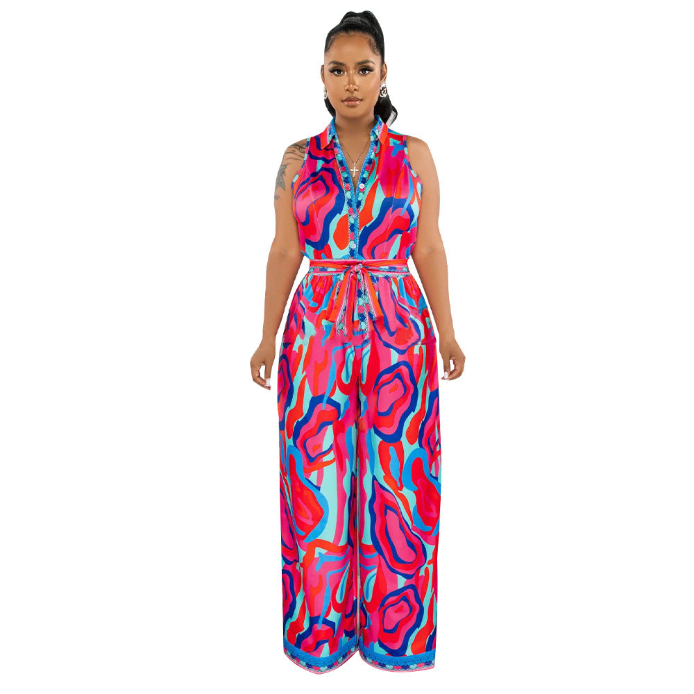 Women's Printed Sleeveless V-neck Wide-leg Jumpsuit